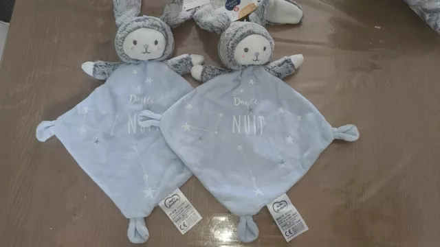 Lot Deux doudous mots d enfants ours lapin bleu plat phosphorescent  douce nuit 