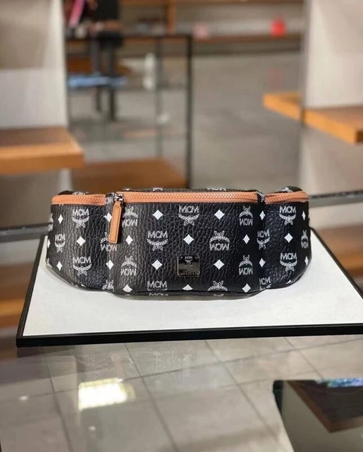 New MCM Crossbody Black Coated Canvas Visetos Large 3 Pocket Sling Belt Bag