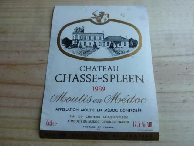 étiquette vin Chateau Chasse Spleen 1989 Moulis Medoc wine label Bordeaux