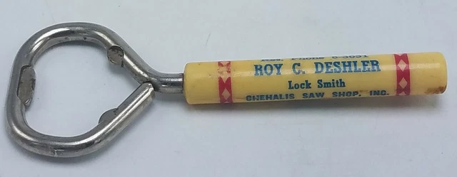 c.1930s VTG Bottle Opener Advertising Roy C. Deschler Locksmith Chehalis, WA