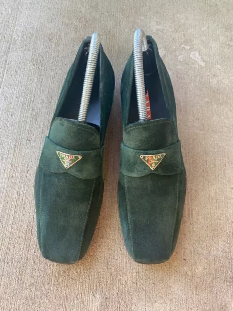 Prada Green Suede Leather Slip On Moccasin Loafers Size 38