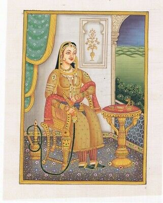 Miniature Portrait Painting Of Mughal Empress On Chair With Hookah Handmade Art