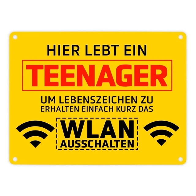 METALLSCHILD HIER LEBT ein Teenager WLAN ausschalten in 15x20 cm Alu