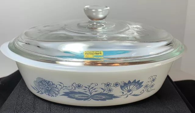 Vintage Glasbake Old Town Blue Onion Casserole Milk Glass Dish with Lid 1 Quart