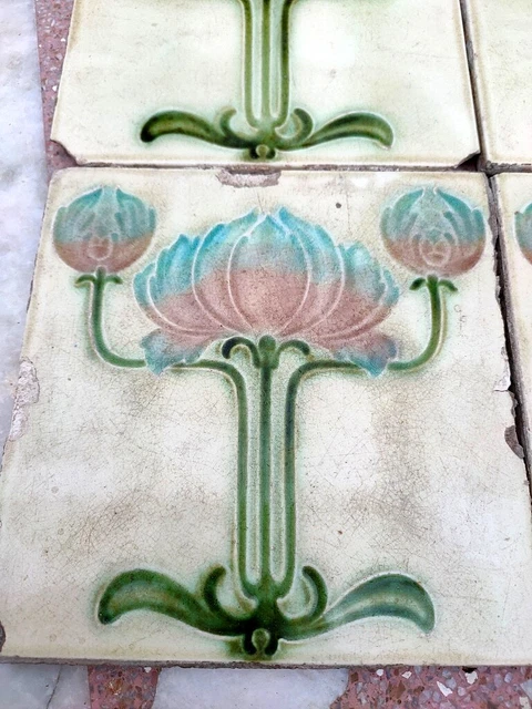Antique Majolica Floral Art Nouveau Architecture Furniture Tile England 4Pc 2