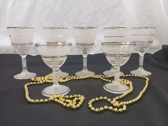 Lot 7 Vintage Barware Glasses 2-Martini/Champagne & 5 Wine-Frosted-Gold Striped
