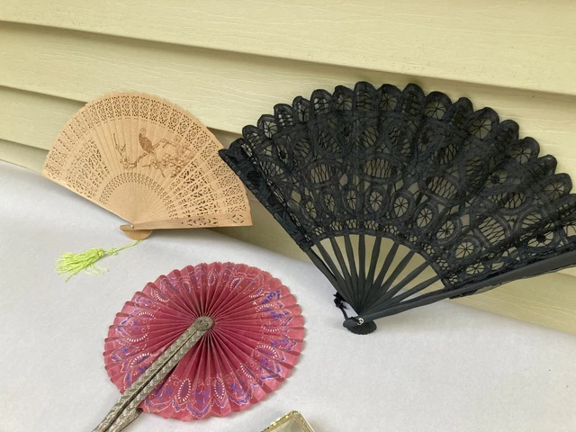 Antique Vintage Oriental Folding Hand Fans Bundle Lot  Asian Metal Wood Plastic