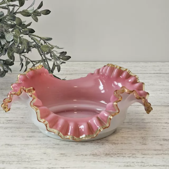 Vintage Fenton PEACH CREST Pink and White Glass Double Crimped Flared 8.5”BOWL 2