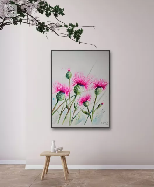 Large original signed watercolour art floral painting by Elle Smith of Thistles