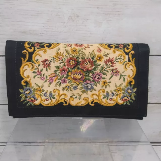 Vtg Med Black Fabric Floral Panel Tapestry Evening Envelope Snap Clutch Prop