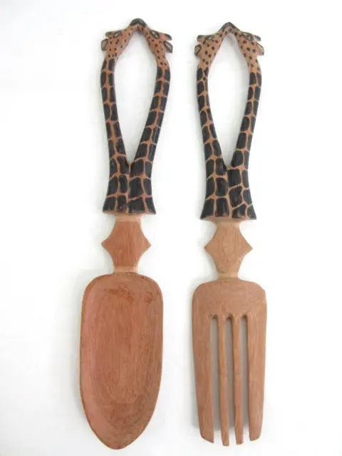 4 Giraffe Hand Carved Wooden Salad Tongs Serving Fork Spoon African Thailand NEW