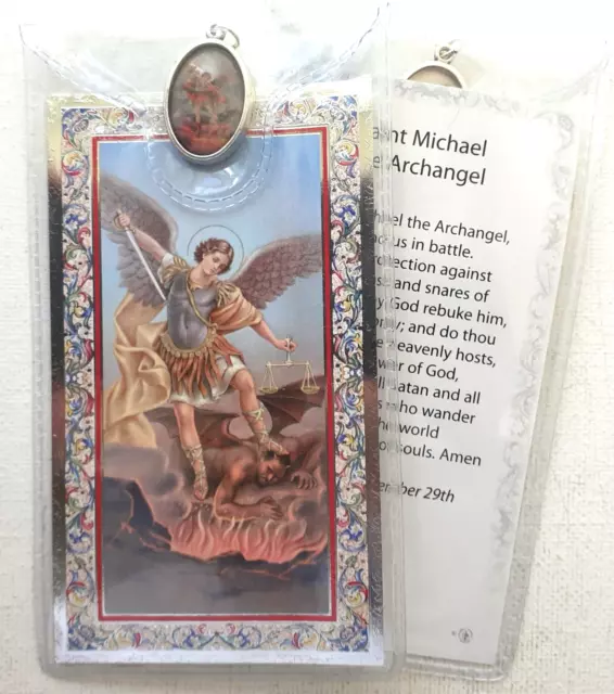 ST. MICHAEL THE ARCHANGEL  PRAYER CARD  Foil Highlights and Coloured Medal