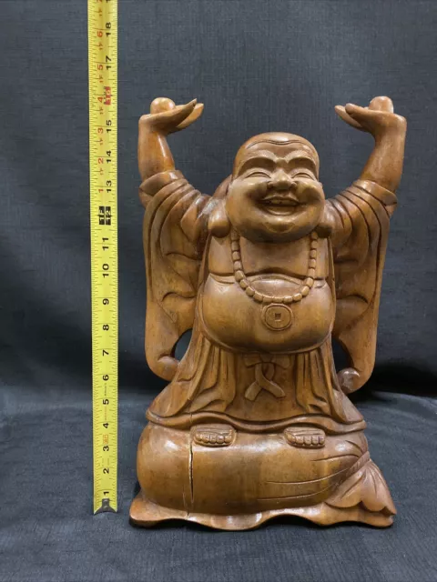 Joyful Buddha Statue Prosperity Hotei Budai Hand Carved Wood Sculpture Bali Art