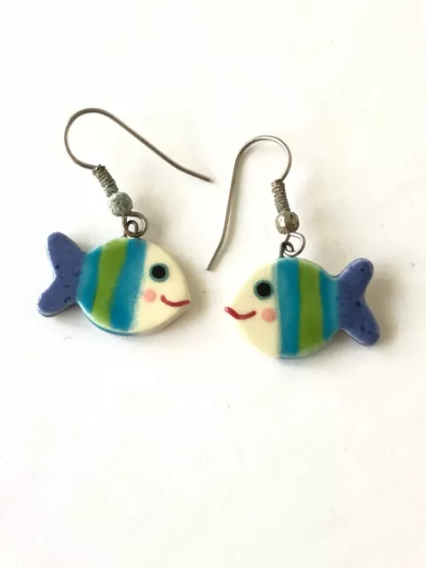 Porcelain dangly earrings, fish design, nautical, hand painted, whimsical