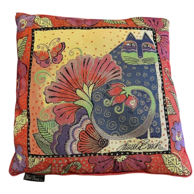 Vintage Laurel Burch Tapestry Cat Throw Pillow Colorful Square 17" Red Back