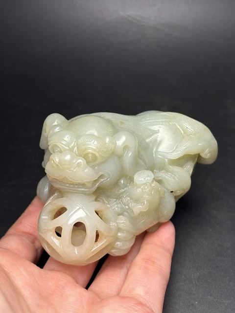 Chinese Exquisite Handmade Lion carving Hetian Jade Statue