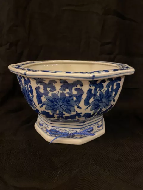 Vintage Blue And White Chinese Porcelain Planter (Orchid/Bonsai) With Ribbon Bas