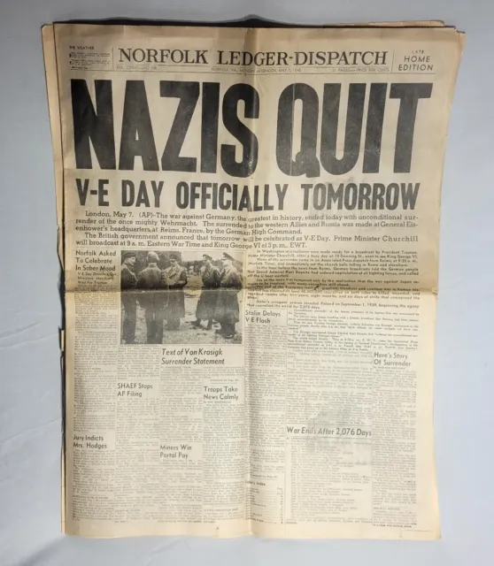 NAZIS QUIT Germany Surrender V-E Day WWII Full Newspaper 20pg Reprint May 1945