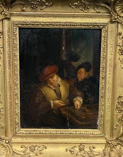 Antique Painting Dice Players Oil On Panel Framed Wood Gilt Art Rare Old 19th