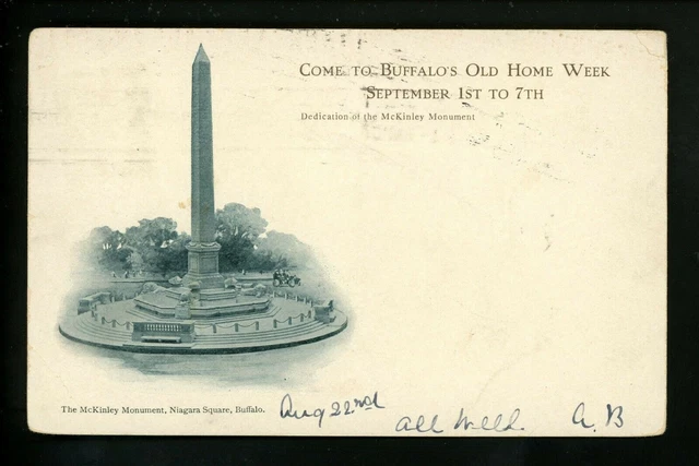 Buffalo, New York NY postcard Old Home Week McKinley Monument Vintage