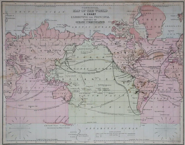 Old 1860 Cowperthwait Map ~ WORLD w/ ROUTES of OCEANIC COMMUNICATION  Inv#347
