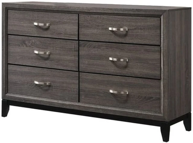 Transitional Style Dresser with 6 Drawers and Metal Pulls, Gray and Black