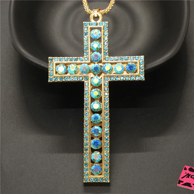 Betsey Johnson AB Blue Prayer Cross Bling Crystal Pendant Chain Necklace