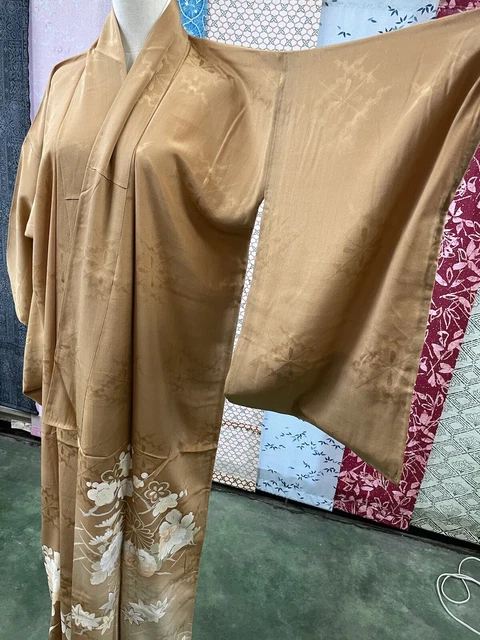 H&A SILK KIMONO Vintage Japanese Dress cardigan Yukata women Ochre from Japan