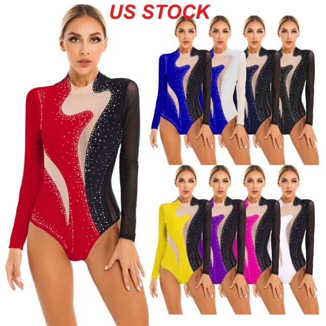 Womens Rhinestones Gymnastics Leotard Skating Jumpsuit Ballet Dance Bodysuit Top