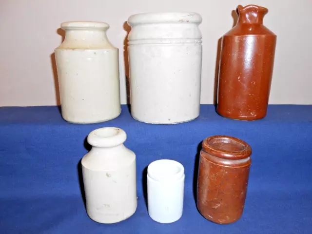 Nice group of 6 Stoneware Pots & Bottles (preserve pot, inks etc)