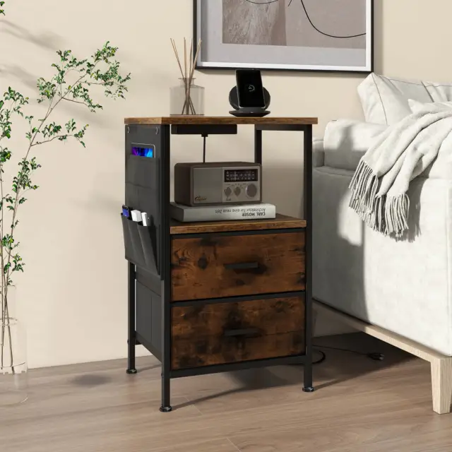 Nightstand with Charging Station Industrial Bedside Table with 2 Drawers 3