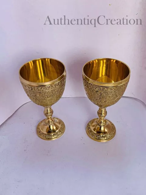 Set of 2 Handmade Premium Brass King's Royal Chalice Embossed Cup 6 inch Goblet