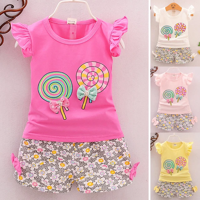 T-shirt bambino top + pantaloncini floreali pantaloni set vestiti abiti bambine 3