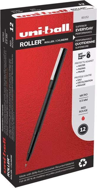 uni-ball 60152 Roller Rollerball Pens Fine Point Micro Tip, 0.5mm, Red, 12 Pack