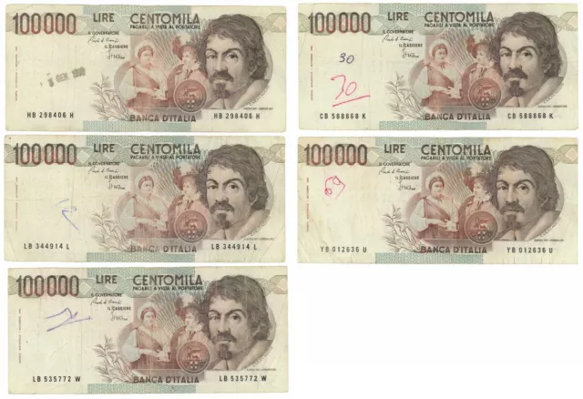 100000 LIRE LOTTO 5 BANCONOTE BANCA ITALIA CARAVAGGIO I TIPO LETTERA B 1985 qBB