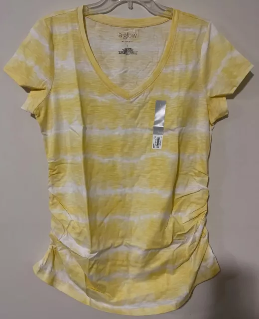 A Glow Maternity Womens Large Yellow Striped Short Sleeved Vneck Shirt NWT! A158