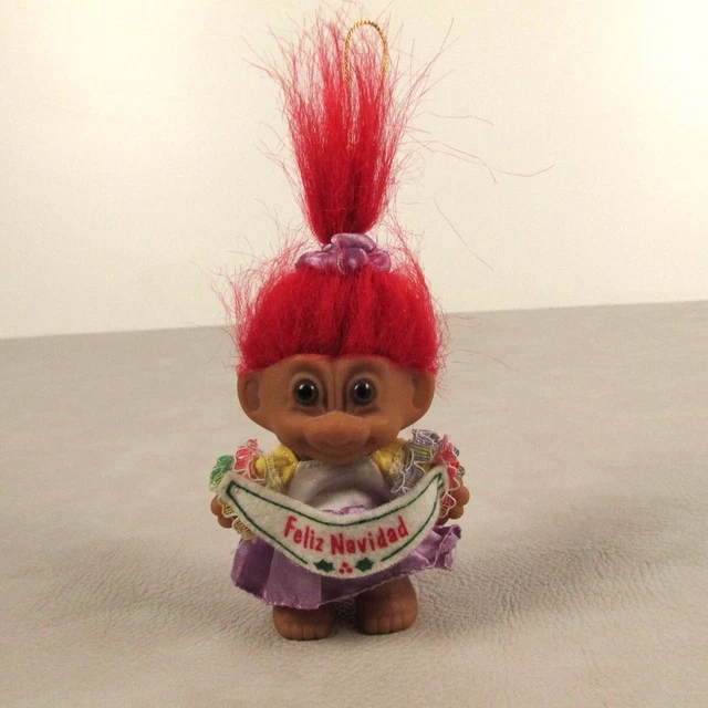Vtg Russ Berrie Mini Troll Girl Doll Red Hair Feliz Navidad Christmas Ornament