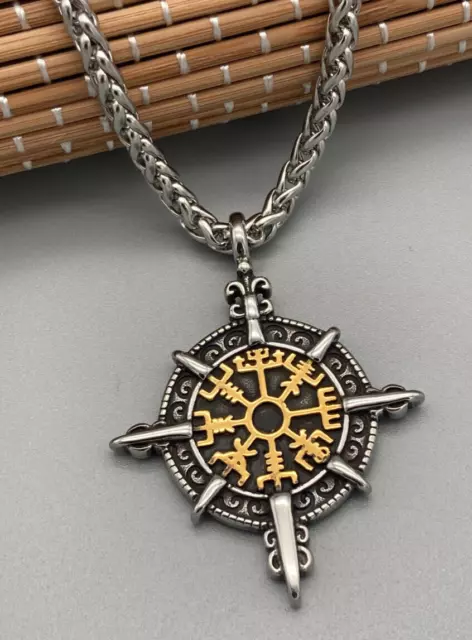 Edelstahl Zopfkette 60cm / 4mm mit Anhänger Vegvisir Wikingerkompass Viking Set