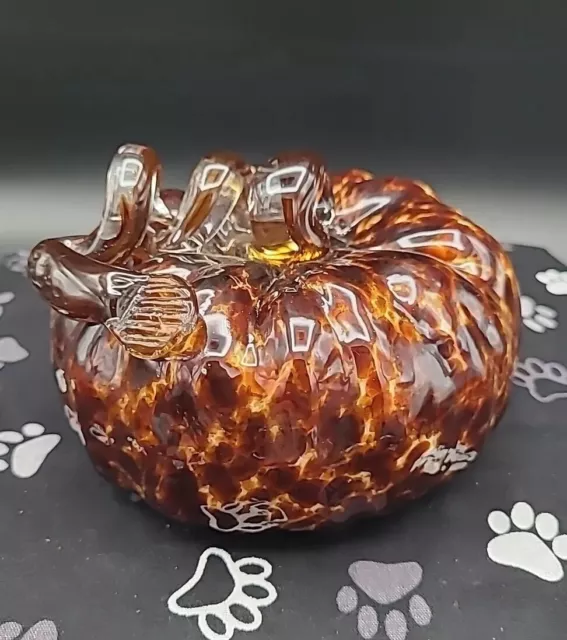 Hand Blown Art Glass Harvest Pumpkin Amber Tortoise Shell Pattern