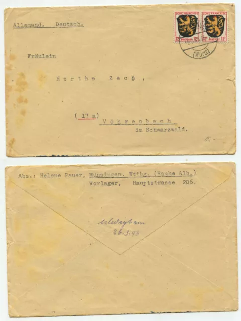 18091 - Mi.Nr. 6  senkrechtes Paar - Beleg - Münsingen 19.3.1946 nach Vöhrenbach