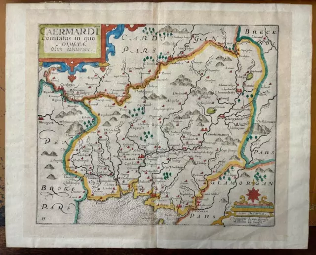 CARMARTHENSHIRE WALES 1637ca KIP & SAXTON UNUSUAL ANTIQUE COPPER ENGRAVED MAP