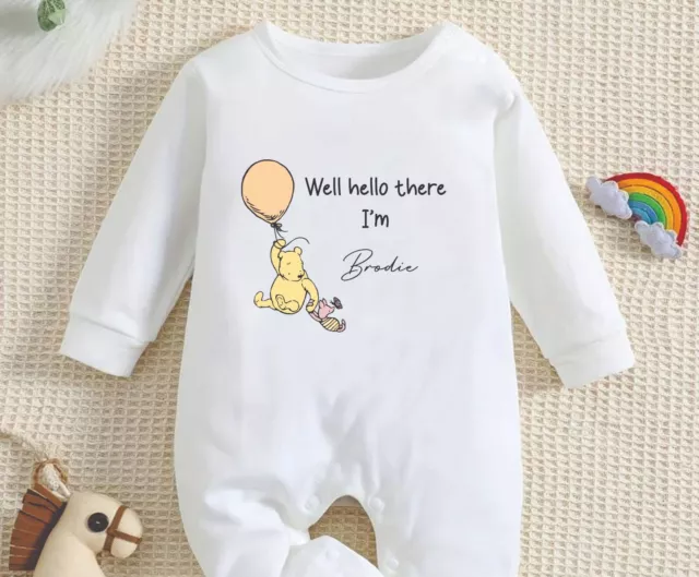 Personalised Well Hello There Classic Winnie the Pooh Baby Rompersuit Coming Hom