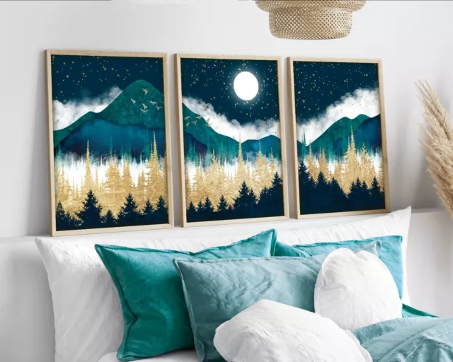 Turquoise, Teal, Green & Gold Abstract Print Set of 3, Landscape Modern Wall Art