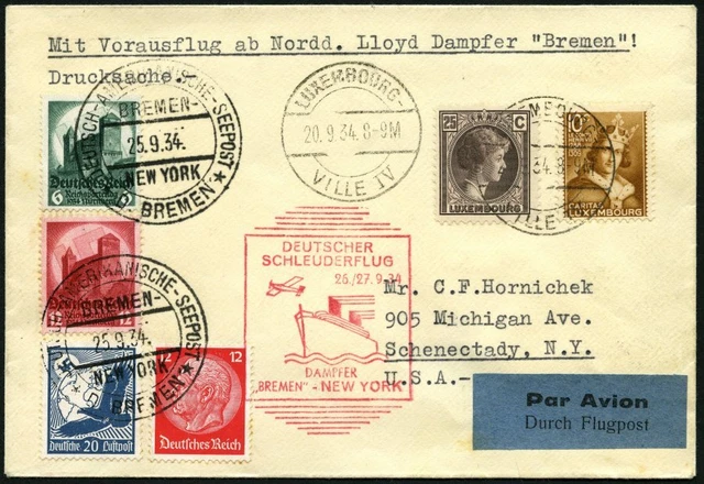 KATAPULTPOST 181Lu, Luxemburg: 26.9.1934, Bremen-New York, Zweiländerfrankatur,