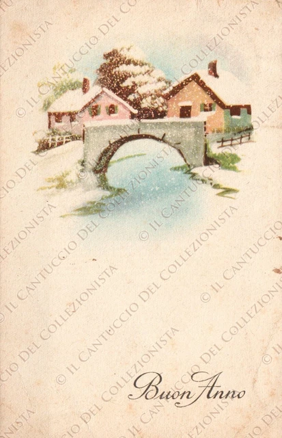 1942 Buon Anno paesino con la neve Cartolina augurale illustrata