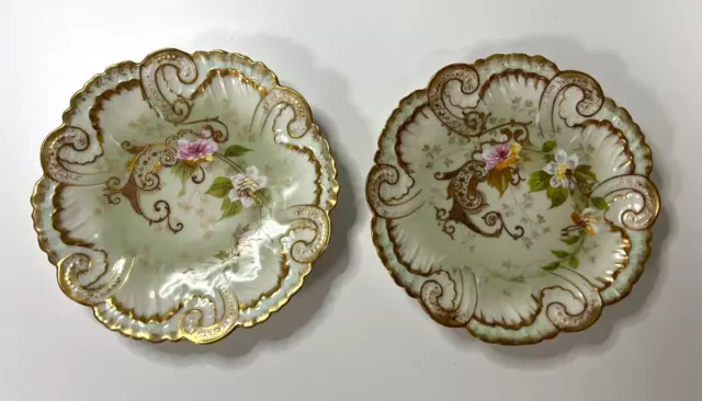 Set of 2 Antique AKCD VF Limoges Plates Hand Painted Flowers Heavy Gold Accents