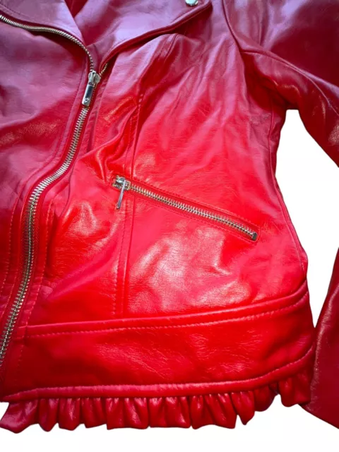 Thalia Sodi Womens L Red Faux Leather Moto Jacket Full Zip Lined Ruffle 3
