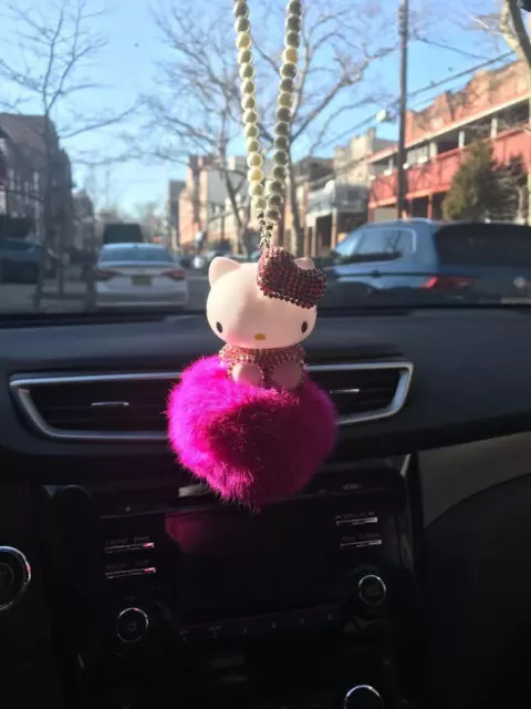Cute Rhinestone Crystal Hello Kitty Auto Car Pendant Purple Pompom Real Fur