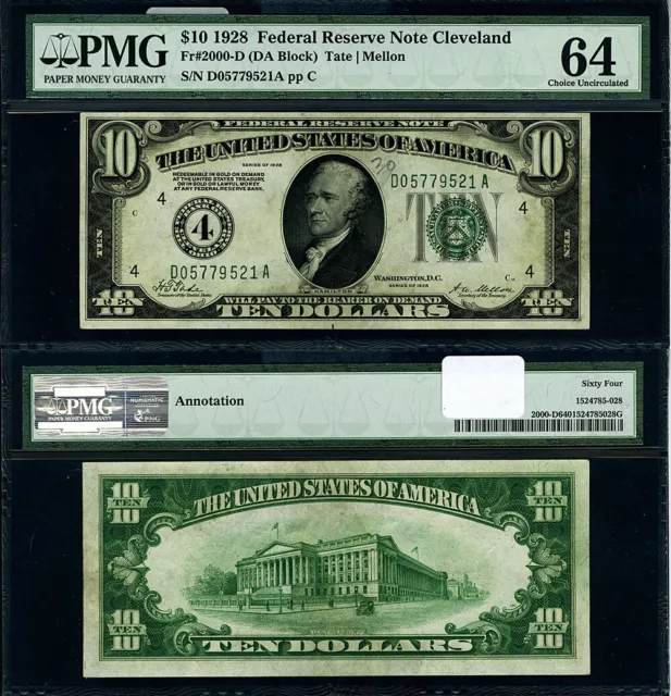 FR. 2000 D $10 1928 Federal Reserve Note Cleveland D-A Block Choice PMG CU64