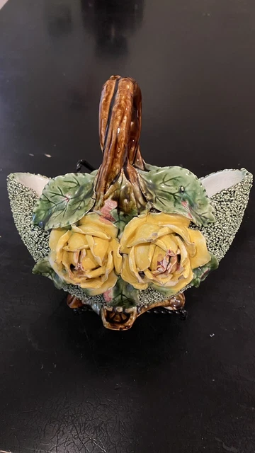 Vintage George Jones Majolica Green Sand Glazed Basket With Yellow Roses